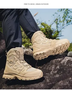 Tactical hiking boots in khaki suede and mesh on rocky outdoor terrain