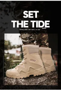 Detail of desert sand tactical boots with high-top suede design and non-slip rubber sole