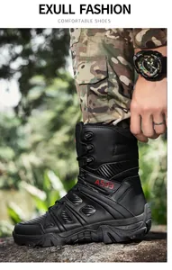 Detailed view of heavy-duty black tactical hiking boots with deep-tread rubber outsoles