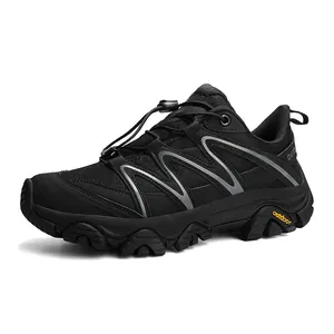 Black outdoor hiking shoes with speed lacing system and rugged thick rubber soles