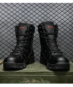 Detail of high-top tactical boots with leather mesh panels and reinforced safety toes