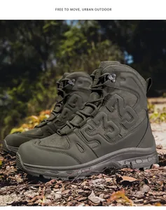 Detail of army green tactical boots with 533 print on forest trail with thick rubber sole