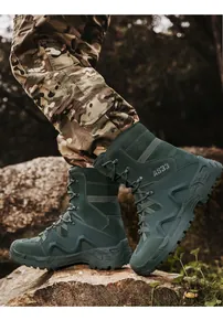 Detail view of AS33 army green tactical boots with durable suede and anti-slip rubber soles