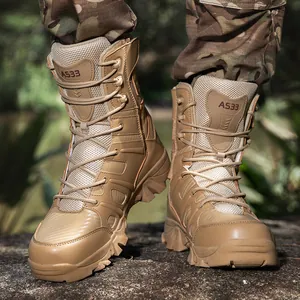 Men's high-top outdoor tactical boots in desert khaki with durable rubber sole