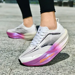 Breathable white mesh running shoes with thick gradient midsoles and lace-up closure