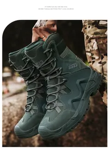 Detail of army green tactical boots with durable high-top suede and AS33 logo