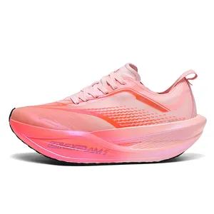 Lace-up breathable pink fly-knit sneakers for running with thick cushioning foam sole