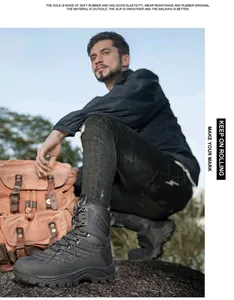 Detailed view of heavy-duty non-slip rubber outsole on tactical black outdoor boots