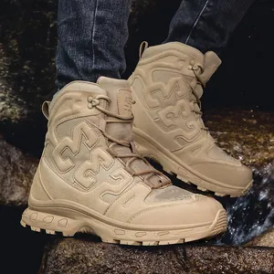 Tactical high-top hiking boots in sand color with durable anti-slip rubber soles outdoors