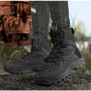 Detail of high-top tactical boot with reinforced side mesh and anti-slip rubber outsole