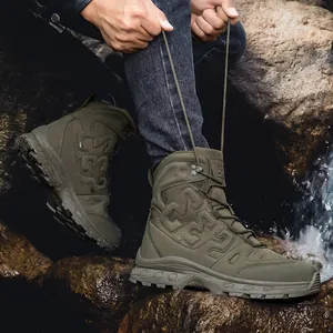 Men's high-top tactical boots in olive green for outdoor hiking and military use