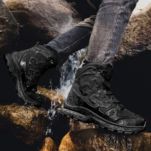 Waterproof tactical boots for hiking, showing durable black high-top design and slip resistance