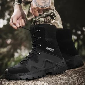 Durable black high-top tactical boots with breathable fabric and anti-slip rubber soles
