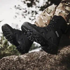 Men's high-top breathable tactical boots with non-slip soles for outdoor hiking in black