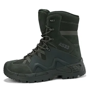 Durable high-top tactical combat boots in dark green with breathable suede and nylon mesh