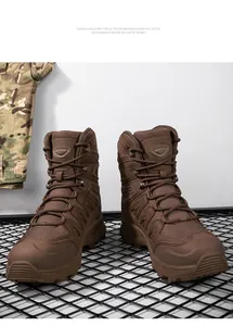 Detail of durable non-slip rubber sole and leather upper on brown tactical boots
