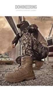 Detail of desert tactical boots showing rugged leather texture and anti-collision toe cap