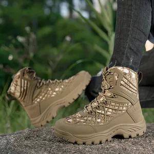 Bottes Tactiques à Tige Haute pour Hommes Chaussures de Combat de Randonnée en Plein Air Cuir Suède Oxford TPU Camouflage Respirant Antidérapant