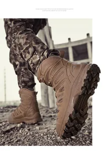 Detail of durable coyote brown tactical boots with rugged non-slip rubber soles and breathable mesh