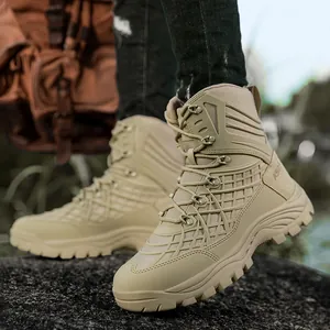 Men's khaki tactical boots with reinforced mesh and anti-slip rubber soles for outdoor hiking