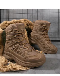 Detail of high-top tactical boots featuring durable leather and honeycomb mesh panels