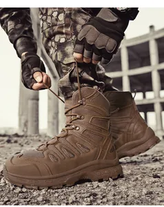 Close-up of tactical desert boots featuring rugged anti-slip soles and reinforced lacing
