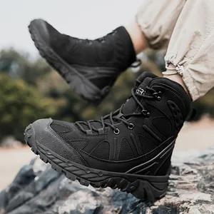 Hoge zwarte tactische wandelschoenen voor heren met antislip rubberen zool en ademend leer