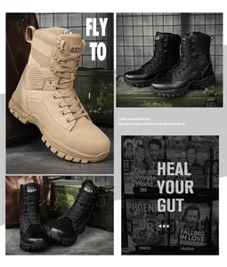 Detailed views of high-top tactical boots showing breathable mesh and anti-slip soles