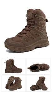 Detail view of durable brown tactical boot showing lug rubber sole and lace-up closure