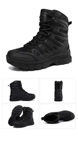 Multi-angle view of black tactical boots showing durable rubber soles and leather details