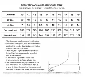 Detailed size chart for men's outdoor hiking boots covering sizes EU 39 to 48 and US 7 to 14