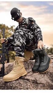 Tactical high-top outdoor boots in sand and green colors with rugged rubber soles