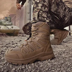 Rugged high-top tactical boots in tan brown with durable rubber soles for outdoor activities