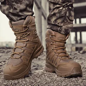 Men's tan tactical outdoor boots with anti-slip rubber soles and durable mesh upper