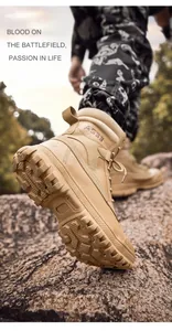Macro view of khaki outdoor tactical boots with deep-tread rubber anti-slip sole