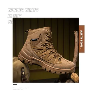 Detail of khaki suede tactical boots with anti-slip rubber soles and durable laces