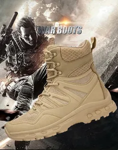 Macro shot of breathable desert sand tactical boots with high-top grip rubber soles