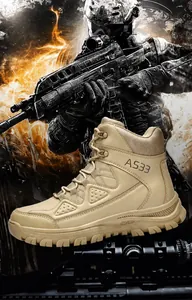 Detailed side view of khaki tactical combat boots with AS33 text and durable mesh fabric