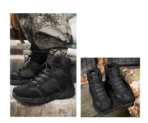 Close-up of black tactical hiking boots with non-slip soles and breathable mesh detail