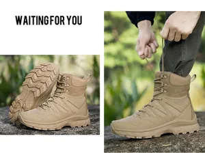 Detail of khaki tactical boots featuring durable tread soles and reinforced lacing