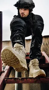 Macro shot of desert tactical boot with side zipper and rugged anti-slip sole