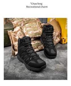 Close-up of black tactical hiking boots with durable suede and rugged mesh texture