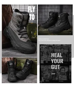 Detailed views of men's tactical combat boots with non-slip rubber soles and mesh upper