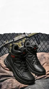 Macro shot of durable black tactical boot with red A533 logo and non-slip sole