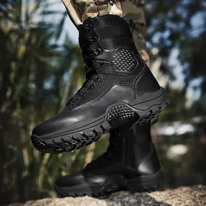 High-top black tactical boots with breathable mesh and anti-slip rubber sole for hiking