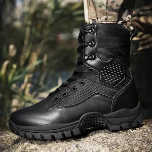 All-black high-top tactical boots for hiking with breathable mesh and anti-slip rubber sole