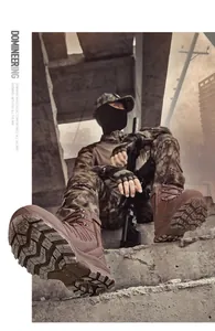 Close-up of brown tactical boots with side zipper and durable anti-slip rubber sole