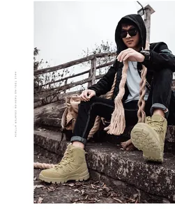 Detailed view of durable non-slip khaki tactical boots for outdoor mountain hiking