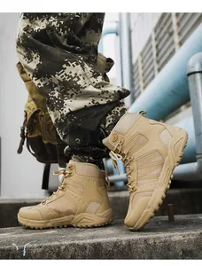Detailed side view of khaki tactical combat boots with breathable mesh and anti-slip sole