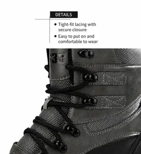 Close-up of tight lacing system and mixed material texture on tactical boots